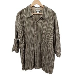 CJ Banks Oversized Striped Button Down Shirt Sz 3X Boho Lagenlook Neutral Earthy